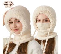 3 in 1 Beanie Hat for Women, Warm Knitted Winter Balaclava Scarf with Face Cover, Fleece Lined Storm Hood Hat Scarf Set (Beige)