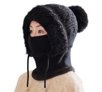 3 in 1 Beanie Hat for Women Winter Bobble Hat and Scarf Set Pom Pom Beanie Ladies Ski Mask Knitted Snood with Drawstring Balaclava