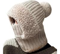 3 In 1 Beanie Hat for Women, With Scarf and Mask, Winter Warm Knitted Cap ＆ Neck Warmer Sets, Soft Thick Fleece Lined, Women's Outdoors Windproof Hooded Scarf, Winter Skiing Hiking Xmas Gift (khaki-A)