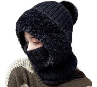 3 In 1 Beanie Hat for Women, With Scarf and Mask, Winter Warm Knitted Cap ＆ Neck Warmer Sets, Soft Thick Fleece Lined, Women's Outdoors Windproof Hooded Scarf, Winter Skiing Hiking Xmas Gift (black-A)