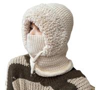 3 in 1 Beanie Hat for Women, Womens Balaclava Winter,Cold Knitted Hats Wind Resistant Hooded Scarf,Thick Plush-Lined Beige
