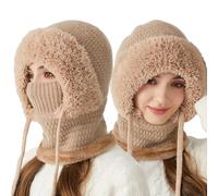 3 in 1 Beanie Hat with Scarf and Mask for Women, Windproof Winter Balaclava, Knitted Cold Weather Set