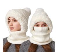 3 in 1 Beanie Hats for Women, Winter Womens Knitted Hats with Neck Gaiter & Face Mask, Balaclava Hat and Scarf Set for Women, with Hairball, Soft Thick Fleece Lined for Skiing, Hiking & Outdoor White