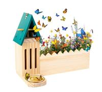 3-in-1 Butterfly House and Feeder with Rectangle Flower Pot Wooden Butterfly Habitat for Outdoor Garden Decoration