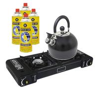 3 in 1 Camping Starter Kit - Double Gas Stove, 4 Gas Bottles & 2.5L Kettle | Premium Burner, Automatic Ignition & Heat Control | Suitable for Cooking, Fishing, Camping & Hiking | Lightweight