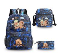 3-in-1 Capybara Backpack Set, Pattern Blue Capybara School Bag Oxford Fabric with Backpack Crossbody Pencil Case, Capybara Bag for Kids Students School Travel, Capybara Gifts for Lovers Fans Daily Use