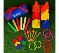 3 in 1 Carnival Games Set, Soft Plastic Cones Bean Bags Ring Toss Games Relay Batons Set 6x Colourful Eggs & Spoons -Activity for Kids Birthday Party Outdoor Games Supplies 36 Pcs Combo Set
