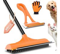 3 in 1 Carpet rake Kit for Pet Hair Removal Tool - Reusable Pet Hair Remover broom w 58"Adjustable Long Handle, Dog & Cat Carpet Scraper, Pet Hair Remover for Rugs, Mats, Couch, Curtains(Orange)