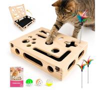 3 in 1 Cat Nail File Box, Cat Puzzle Toys with 2 Cat Teaser & 3 Bell Balls | Cat Scratch Puzzle Enrichment Box with Sandpaper, Wooden No-Assembly Design Interactive Cat Puzzle Toy for Indoor Cats(Large)
