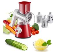 3 in 1 Cheese Grater Rotary Grater Round Vegetable Mandoline Blades Handheld Fruit Vegetable Slicer Shredder for Fruit Nut and Vegetable Grate Red