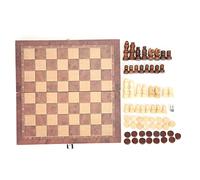 3 - In - 1 Chess Checkers Gobang Folding Chess Board, Wooden Chess Set Game, Portable Interactive Travel Game Toy with 16 Brown and Gray Chess Pieces, 15 Round Pieces, 2 Dice for F (M)