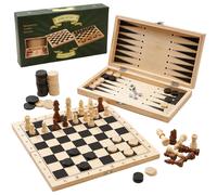 3 In 1 Chess Draughts Backgammon Board Game Set - Brown