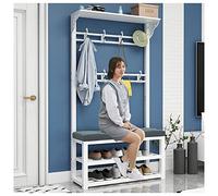 3 in 1 Coat Rack Stand with Shoe Bench 8 Hooks Hall Tree Freestanding Metal Hanger Stylish Entryway & Storage Shelf for Hallway & Bedroom