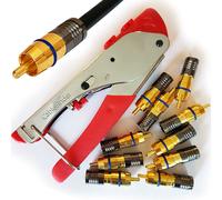 3 in 1 Coaxial Compression Crimp/Crimping/Crimper Tool & 10x RCA/Phono Male Connector/Connectors - RG6 Plug - Cable-Coax-Crimping-Video-End-AV