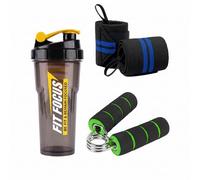 3-in-1 Combo - 700ml Leakproof Protein Shaker Bottle with Heavy-Duty Wrist Wraps Band for Weightlifting Support & Foam-Padded Hand Gripper - Fitness Kit for Men & Women (Black, Yellow, Green& Blue)