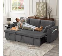 3-in-1 Convertible Corduroy Sofa Bed with Chaise and Charging Station, L-Shaped Sleeper Sofa with Armrest, 205L x 128W x 79H cm, Grey Aosom UK