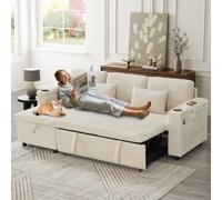 3-in-1 Convertible Corduroy Sofa Bed with Storage and Charging Station, L-Shaped Sleeper Sofa with Armrest, 205L x 128W x 79H cm, Beige Aosom UK