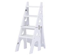 3-in-1 Convertible Folding Step Stool Portable Wooden Ladder Chair Multi-Functional 4-Step Stool for Home & Library White Color Space-Saving Design (Size: 47x35cm)