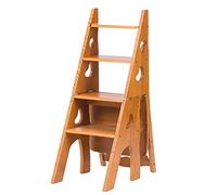 3-in-1 Convertible Folding Step Stool Portable Wooden Ladder Chair Multi-Functional 4-Step Stool for Home & Library Flower Pot Stand (Color: Brown Size: 47x35x9)