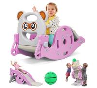 3-in-1 Coordination Training Slide Rocking Horse for Toddlers, Indoor Playset with Mini Basketball Hoop and Safety Handles, Plastic Ride-On Toy for Ages 1-6 Pink