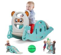 3-in-1 Coordination Training Slide Rocking Horse for Toddlers, Indoor Playset with Mini Basketball Hoop and Safety Handles, Plastic Ride-On Toy for Ages 1-6 Green