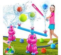 3-in-1 Dinosaur Water Sprinkler Baseball Toys, 360° Roating Spray Water Play Game, Water Splashing Toy for Kids Outdoor, Summer Backyard Lawn Pool Party Fun for Boys Girls (Pink)