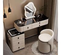 3 in 1 Dressing Table with Flip-top Mirror and Rolling Stool LED Lights Integrated Makeup，LED Touch Mirror Gray Desk with 3 Color Modes Storage Drawers & Charging Station - Perfect Makeup Va