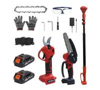 3 in 1 Electric Pruner Kit for Trimming Trees and Garden Work, Cordless Chainsaw and Scissors with 8 Foot Telescopic Pole, 6" Blade, 2 Batteries, SK5 Steel, Red, Ideal