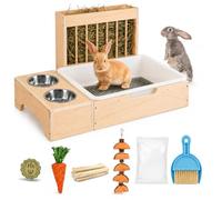 3 in 1 Extra Large Rabbit Hay Feeder with Litter Box, Wooden Bunny Toilet for Large & Medium Rabbits, Bunny Hay Rack Station, Rabbit Starter Kit with Chew Toys, Brush & Pads