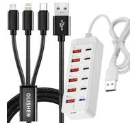 3-in-1 Fast Charging Cable compatible with iPhone Type-C Micro USB, 2m Nylon Braided Black Colour, With 12-Port 66W USB Charger Docking Station Set of 2