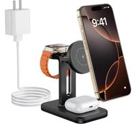 3 in 1 Fast Wireless Charging Station for Magsafe Apple Devices, Aluminum Alloy Charger Station with Adapter, Magnetic Charging Stand for iPhone15/Plus/ProMax/14/13/12, Apple Watch & AirPods, Black