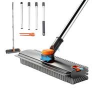 3 in 1 Floor Scrub Brush,Floor Scrubber with Squeegee and Tweezer, Push Broom with Long Handle,Heavy-Duty Stiff 90° Bristle Broom for Patio,Shower, Garage,Deck,Tile, Concrete & Wood Surface
