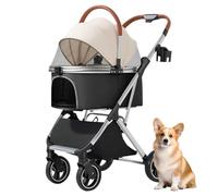 3 in 1 Foldable Pet Stroller for Small & Mum Dogs & Cats, Removable, 4-Wheel Design, Cup Holder & STO Basket, Bei