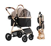 3 in 1 Foldable Travel Stroller Cup Holder Dog Stroller for Medium Cats Dogs Pram Cat Carriers & Strollers Trolley Large Pet Strolle Breathable Window (Khaki) (Khaki)