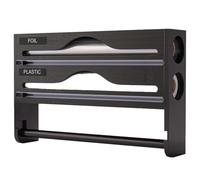 3 in 1 Food Film and Aluminium Foil Dispenser - Bamboo Kitchen Stand with Precise Cutter, Wall Sopaline Door/Drawer, Organized Storage for Rolls 30cm (Black, Two Layers)