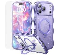 3 in 1 for iPhone 17 Pro Max Case with 360° Spin Magnetic Stand, 1X DIY Glitter Cardstock +1X Screen Protector, [Fit for Magsafe] Cute Wavy Trendy Glossy Clear Phone Cover for Women Girls 6.9", Purple
