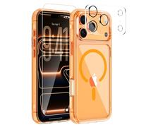 3-in-1 for iPhone 17 Pro Max case with Screen Protector & Camera Cover, N52 Magnetic Phone Case Compatible with MagSafe,Non-Slip Matte Translucent Orange Bumper with Clear Back, Anti-Scratch Slim Kit