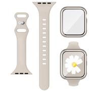 3-IN-1 for Thin Apple Watch Band 40mm with Case & Screen Protector, Slim Skinny Silicone Sport Strap and Cover with 9H Tempered Glass for iWatch Series SE SE2 9 8 7 6 5 4 for Women Starlight Beige
