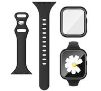 3-IN-1 for Thin Apple Watch Band 44mm with Case & Screen Protector, Slim Skinny Silicone Sport Strap and Cover with 9H Tempered Glass for iWatch Series SE SE2 9 8 7 6 5 4 for Women Black