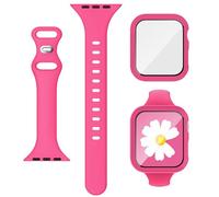 3-IN-1 for Thin Apple Watch Band 45mm with Case & Screen Protector, Slim Skinny Silicone Sport Strap and Cover with 9H Tempered Glass for iWatch Series SE SE2 9 8 7 6 5 4 for Women Hot Pink