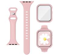 3-IN-1 for Thin Apple Watch Band 45mm with Case & Screen Protector, Slim Skinny Silicone Sport Strap and Cover with 9H Tempered Glass for iWatch Series SE SE2 9 8 7 6 5 4 for Women Pink