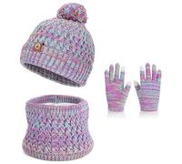 3 in 1 Girls Hat Scarf And Gloves Set, Warm Thermal Knitted Beanie Pom Pom Hat for Boys Girls, Snood Neck Warmer with Fleece Lining, Mitten Soft Touchscreen Gloves, Gifts for Kids Age 4-10 (Color)