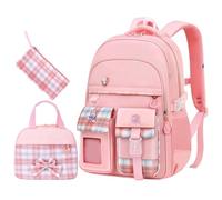 3 In 1 Girls School Backpack Set Plaid Pattern Student Rucksack with Insulated Lunch Bag Pencil Case Large Capacity Primary Shoulder Bag Kids Daypack Durable Learning Satchel for School