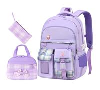 3 In 1 Girls School Backpack Set Plaid Pattern Student Rucksack with Insulated Lunch Bag Pencil Case Large Capacity Primary Shoulder Bag Kids Daypack Durable Learning Satchel for School
