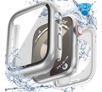 3 in 1 Goton Waterproof Hard Case for Apple Watch Screen Protector 45mm, 360° Slim Full Protective Tempered Glass Face Cover + Back Hard PC Bumper for iWatch Series 9/8/7, 45mm Silver
