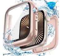 3 in 1 Goton Waterproof Hard Case for Apple Watch Screen Protector 46mm, 360° Slim Full Protective Tempered Glass Face Cover + Back Hard PC Bumper for iWatch Series 11/10, 46mm Rose Gold