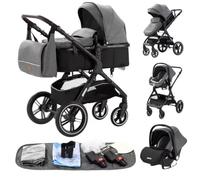 3 in 1 Grey Baby Stroller with Car Safety Seat, Basket, Armrest, Rain Cover, Mosquito Net, Cup Holder and Mummy Bag Cooling Mat and Foot Cover