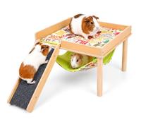 3 in 1 Guinea Pig House, 33x33x24cm Large Guinea Pig Hideout with Hammock, Platform & Stairs, Small Animal Toys for Dwarf Bunny Ferret Hamster Resting Sleeping Activities