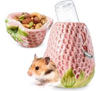 3 in 1 Hamster Water Bottle and Bowl Set Strawberry Gerbil Ceramic Water Bottle Holder for Glass Tank 80ml with Hideout Base and Ceramic Pet Food Bowls for Dwarf Gerbil (A1)
