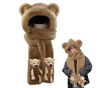 3 In-1 Hat Scarf And Gloves Set, Cute Bear Hooded Scarf With Furry Mittens, Thicken Warm Cartoon Bear Ears Plush Scarf Set, Earflap Full Hood Hats Long Scarf Shawl Mittens for Women Girls